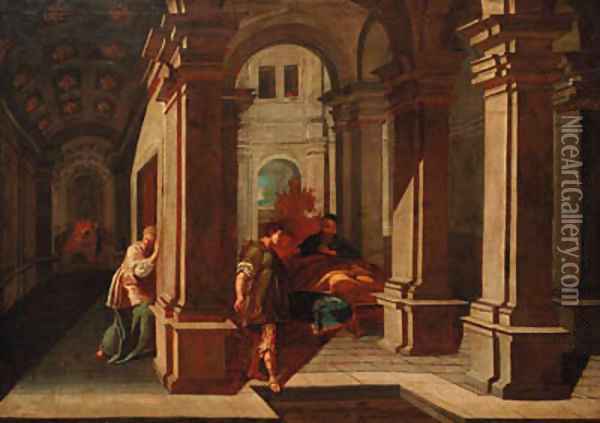 Rebecca conspiring to steal Esau's birthright Oil Painting - North-Italian School