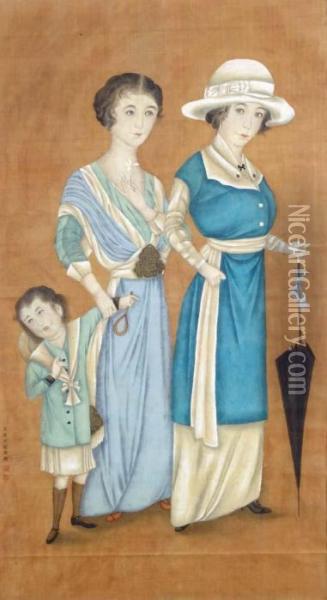 Two Ladies And A Small Girl Carrying A Racquet Oil Painting - Lang Shih-Ning