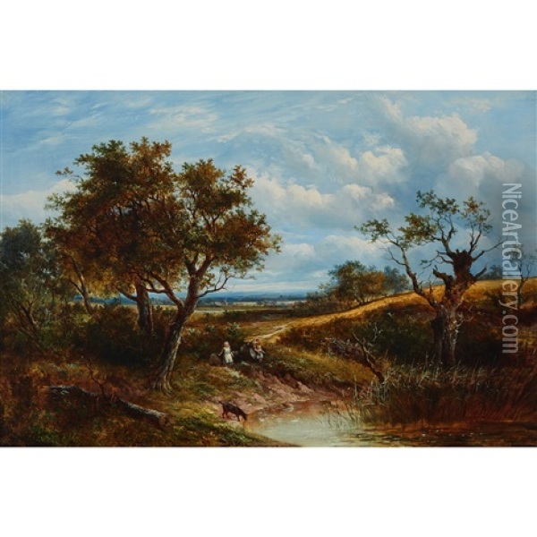 Mother And Young Children In An Extensive River Landscape Oil Painting - Joseph Thors