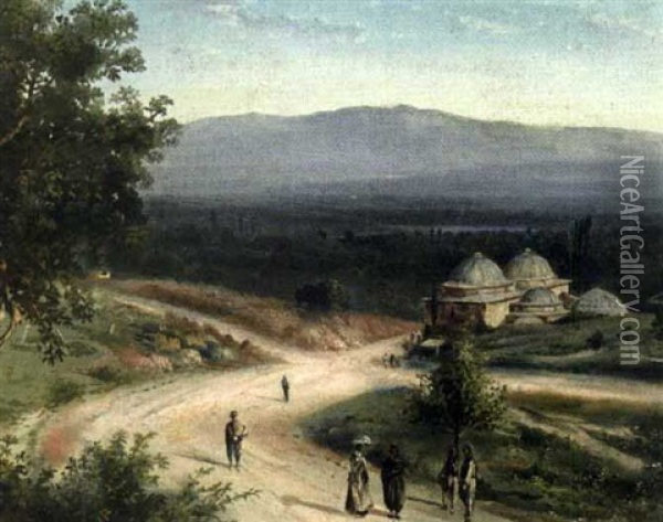 Landschaft Mit Gebauden Und Menschen Auf Wegen Oil Painting - Mo Givanian
