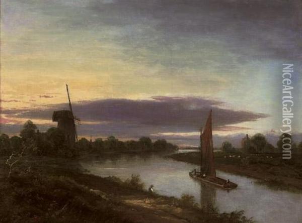 Boats On A River, A Windmill Beyond Oil Painting - Robert Ladbrooke