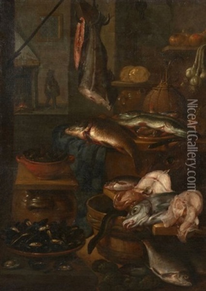 Poissons Et Coquillages Dans Un Interieur De Cuisine Oil Painting - Abraham van Beyeren