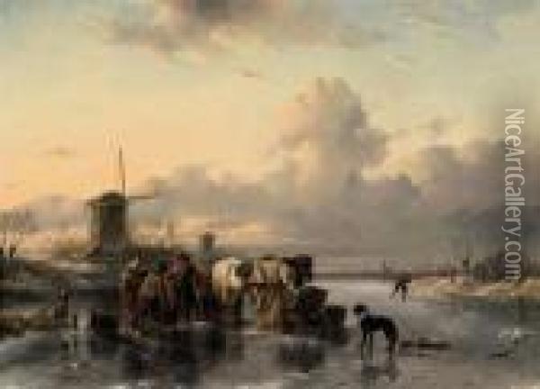 Tending To The Horses On A Frozen River Oil Painting - Charles Henri Leickert