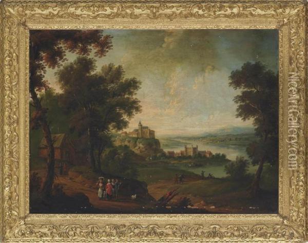 An Extensive River Landscape With Peasants On A Track, Houses Beyond Oil Painting - Peter Tillemans