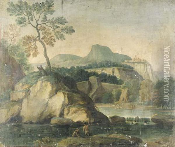 Paesaggio Fluviale Con Astanti In Primo Piano Oil Painting - Carlo Labruzzi