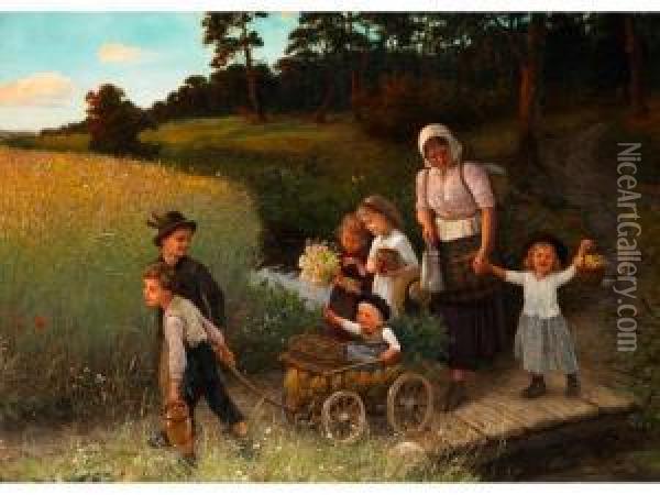 Bauernkinder Mit Junger Mutter Auf Dem Heimweg Oil Painting - Carl Von Bergen
