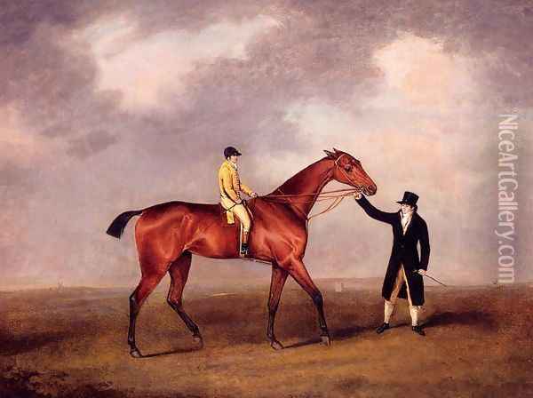 Lord Grosvenor's Violante With Frank Buckle Up, Held By A Groom On A Racecourse Oil Painting - Henry Bernard Chalon