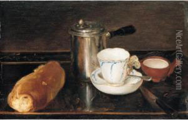 A Still Life Of A Silver 
Cafetiere With A Vincennes Porcelain Cup And Saucer, A Little Jug Of 
Milk, A Bread Roll And A Knife On A Tray Oil Painting - Leonard Defrance