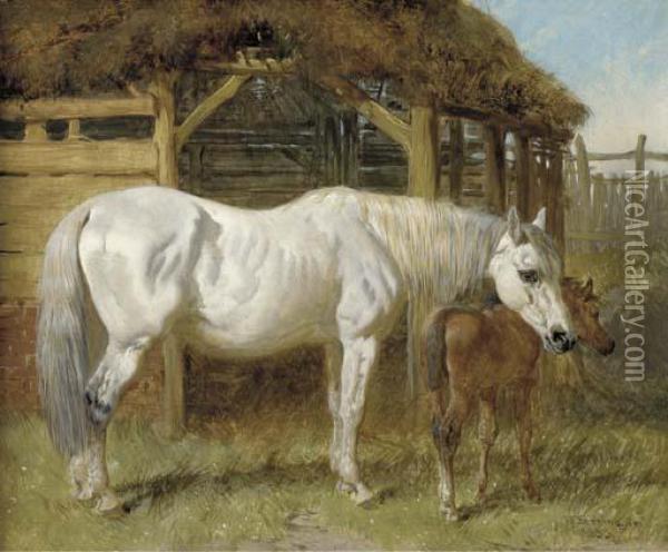A Grey Mare And Chestnut Foal By A Stable Oil Painting - John Frederick Herring Snr
