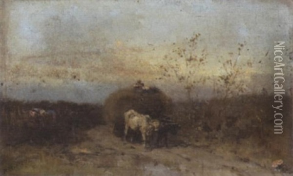 Heimkehrender Bauer Mit Heuwagen Oil Painting - August Xaver Carl von Pettenkofen