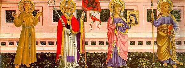 St. Francis of Assisi, St. Herculan, St. Luke, & the Apostle Jacob the Elder Oil Painting - Bartolomeo Caporali