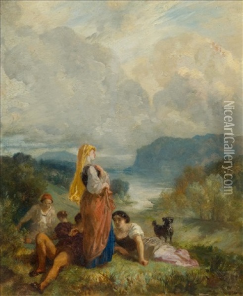 Group Of Figures Before A River Landscape Oil Painting - Barthelemy Menn