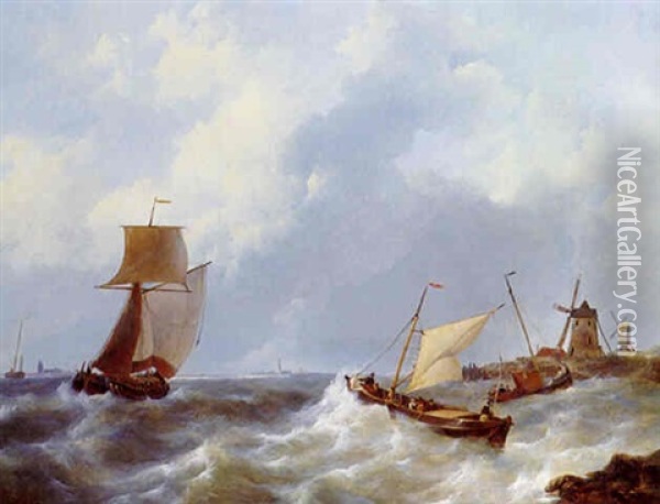 Shipping In An Estuary In Rough Weather Oil Painting - Johannes Christiaan Schotel