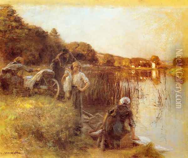 Washerwomen on the Banks of the Marne I Oil Painting - Leon Augustin Lhermitte