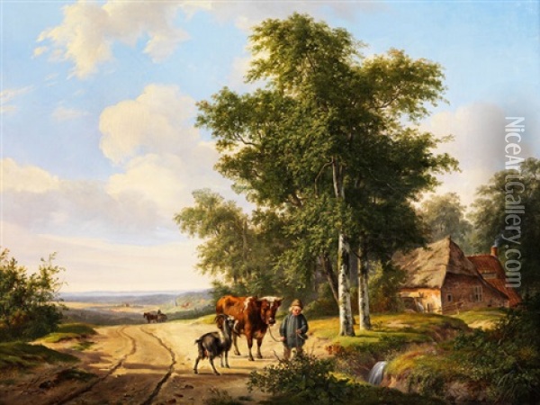 Kleiner Hirtenknabe Mit Kuh Und Einer Ziege An Einem Wasserlauf Oil Painting - Hendrik van de Sande Bakhuyzen