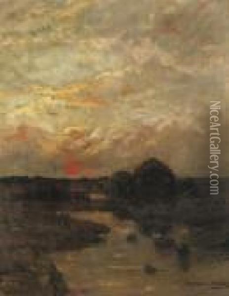 Zonsondergang: A Rural Landscape At Sunset Oil Painting - Sientje Mesdag Van Houten
