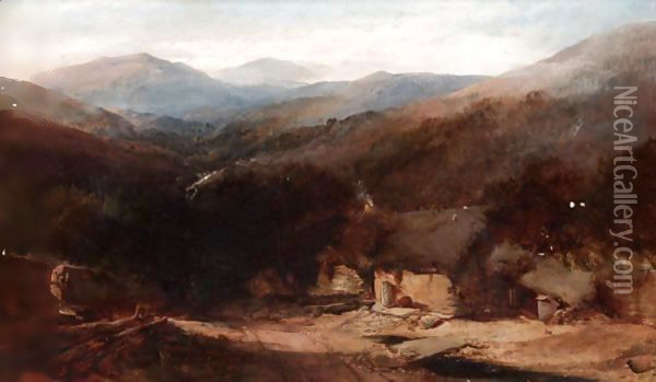 A Welsh Mountain View With Figures By A Croft Oil Painting - Henry Bright