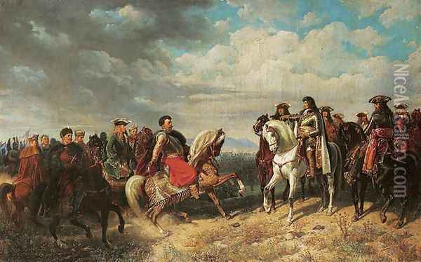 Meeting of King John III Sobieski with Emperor Leopold I near Schwechat Oil Painting - Artur Grottger