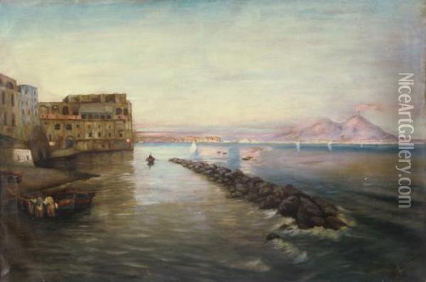 Marina Napoletana Con Veduta Del Vesuvio Oil Painting - Giuseppe Giardiello