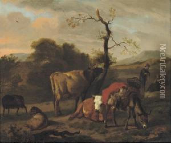 Cows, Sheep And A Donkey In A Landscape Oil Painting - Dirk van Bergen