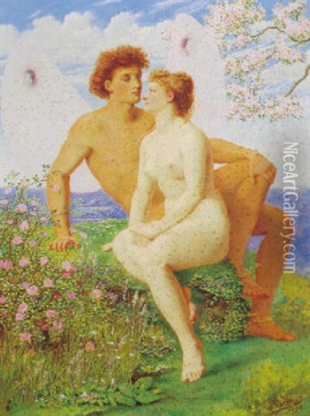 Amor Og Psyke I Blomsterne Bjerglandskab Oil Painting - Rudolf Blind