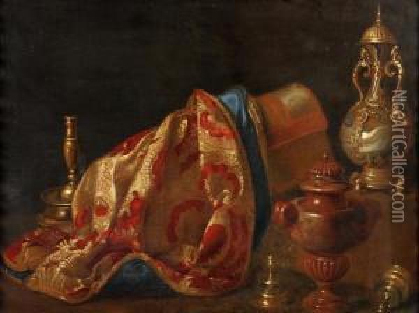 A Still Life Of A 
Gilt-metal-mounted Agate Vase And Cover, A Marmorosso Antiquo Urn, A 
Velvet Damask, A Casket And A Heemskirk Brasscandlesticks On A Ledge Oil Painting - Pieter Gerritsz. van Roestraten