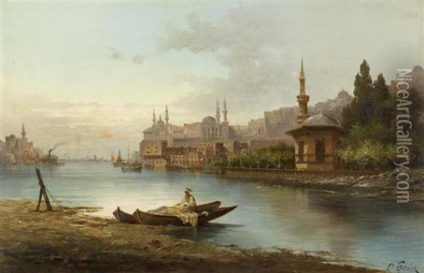 View Of The Bosphorus And Constantinople In Theevening Oil Painting - Karl Kaufmann