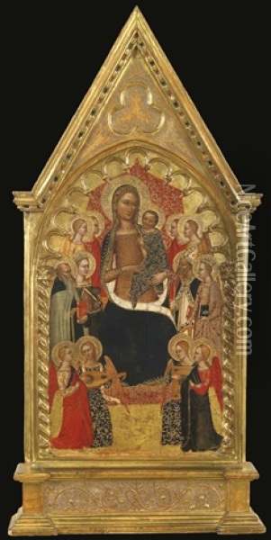 Madonna And Child Enthroned With Saints Anthony Abbot, Mary Magdalene, Catherine Of Alexandria, And A Bishop Saint, With Eight Angels Oil Painting - Jacopo di Cione