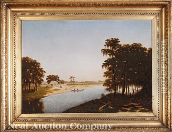 Figures Arriving By Boat At A Creole Cottage Beside A Bayou Oil Painting - Charles Giroux