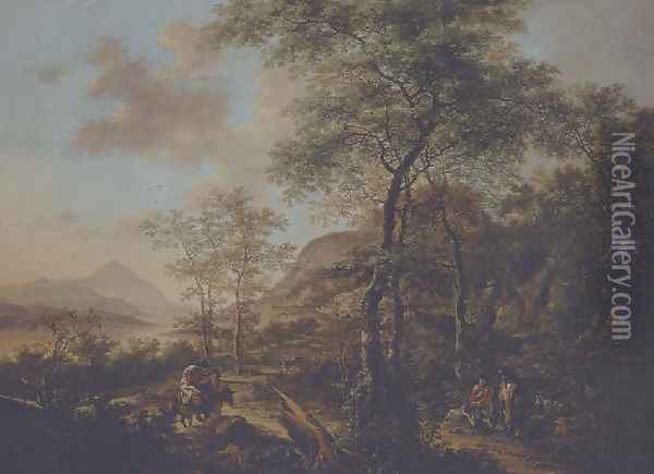 An Italianate evening landscape with a muleteer and goatherds on wooded path, a river and mountains beyond Oil Painting - Jan Both