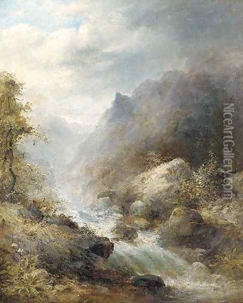 An artist sketching by a fast-flowing river Oil Painting - English School