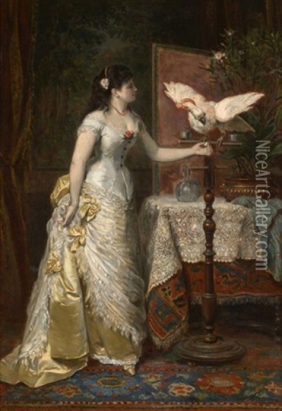 Elegante A L'ara Blanc Dans Un Interieur Oil Painting - Herman Maurice Cossmann