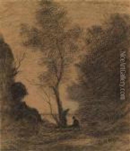 A Landscape With A Big Tree And Two Figures In The Foreground Oil Painting - Jean-Baptiste-Camille Corot