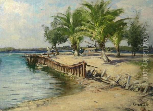 Beach Scene With Palm Trees And Boat Oil Painting - Nicholas Basil Haritonoff
