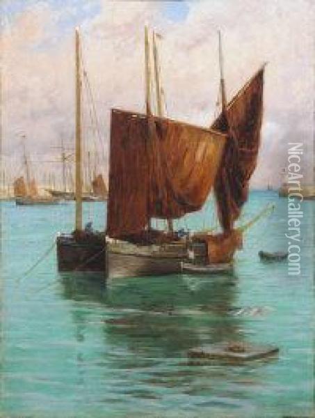 Fishing Boats In St Ives Harbour Oil Painting - William Banks Fortescue