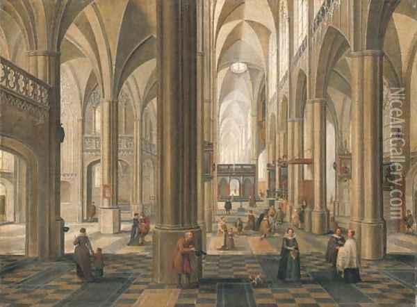 The interior of a cathedral with elegant company, a service in progress in a side altar Oil Painting - Peeter, the Elder Neeffs