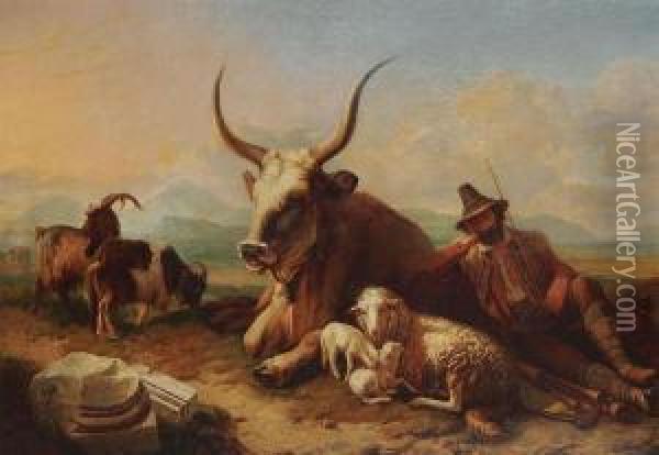 Resting Hunter With Bull, Sheep And Goats Oil Painting - Eugene Verboeckhoven