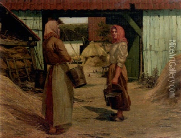 Peasantwomen Conversing In A Farmyard Oil Painting - Adolphe Hamesse