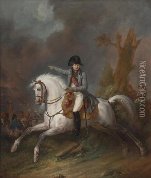 An Equestrian Portrait Of Napoleon With A Battle Beyond Oil Painting - Carle Vernet