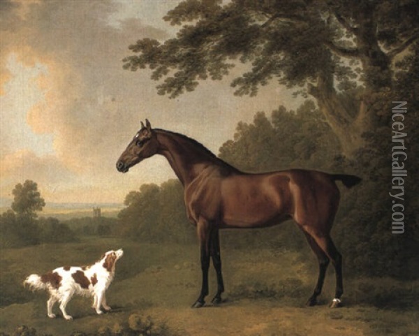 Bay Hunter And King Charles Spaniel Near A Wood Oil Painting - John Boultbee