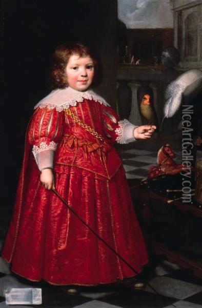 Portrait Of Joannes Ruyter, Aged
 Five, Full-length, In A Redcostume, Holding A Red-cheeked Parrot, With A
 Hobby Horse And Drumand Chair, A Garden Beyond Oil Painting - Jan Anthonisz Van Ravesteyn