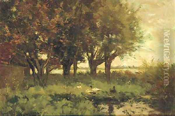 Ducks on the waterside Oil Painting - Johannes Karel Leurs