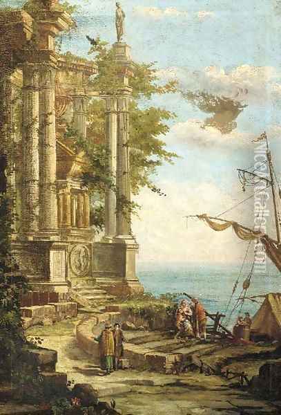 The ruins of a classical mausoleum by a coastal inlet, with figures disembarking from a boat Oil Painting - Pierre-Antoine Patel