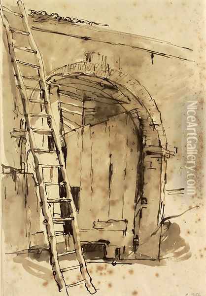 The entrance to a large barn, a ladder leaning against the wall to the left Oil Painting - Giovanni Battista Tiepolo
