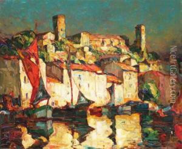View Of A Coastal Village And Harbor Oil Painting - Louis Pastour