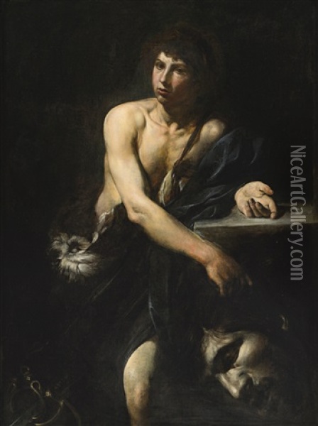 David With The Head Of Goliath Oil Painting - Valentin De Boulogne