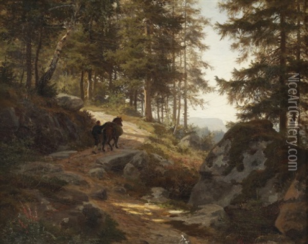Klovhest I Skogen, Saetervei Oil Painting - Johannes Martin Grimelund