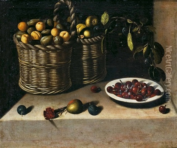 Bodegon Con Cesta De Fruta Y Plato Con Cerezas Oil Painting - Juan Van Der Hamen Y Leon