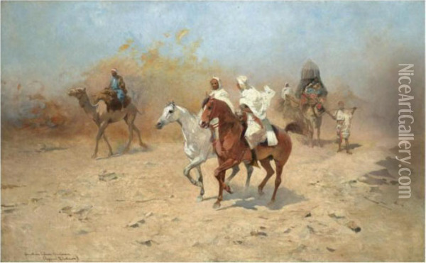 A Camel Caravan In The Desert Oil Painting - Thaddaus von Ajdukiewicz