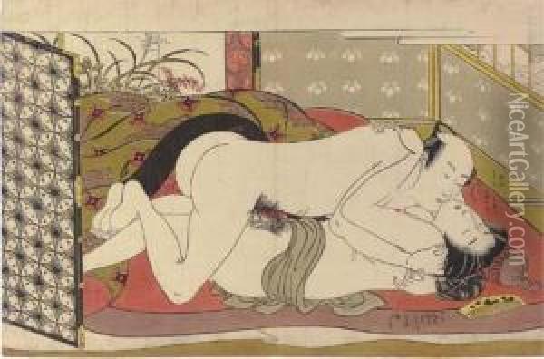 An Amorous Couple Oil Painting - Isoda Koryusai